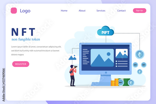 NFT non fungible token, digital crypto art blockchain technology, flat vector illustration,