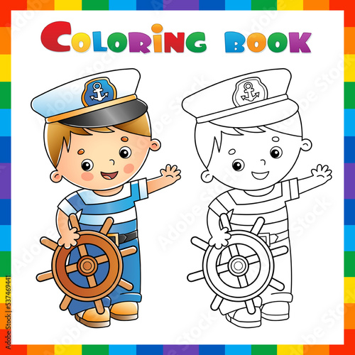 Coloring Page Outline of cartoon sailor or seaman with steering wheel or helm. Profession. Coloring book for kids.