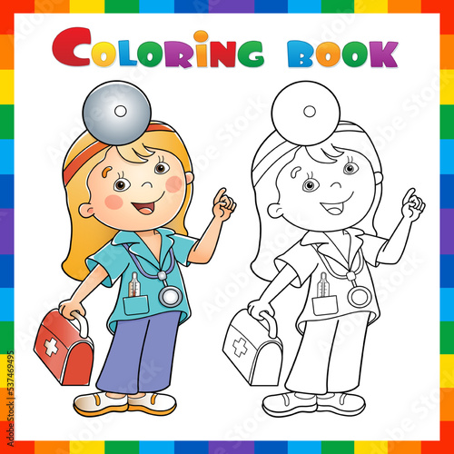 Coloring Page Outline Of cartoon doctor with first aid kit. Profession. Coloring book for kids.