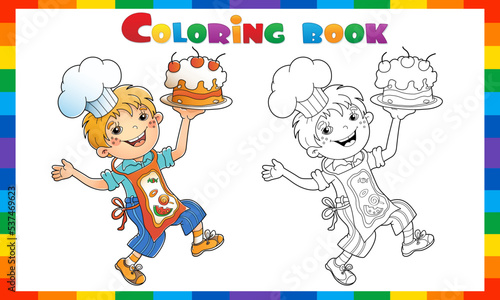 Coloring page outline of cartoon boy chef with cake or pie. Little cook or scullion in apron and chef hat. Profession. Coloring Book for kids.
