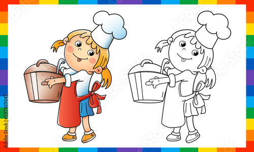 Coloring page outline of cartoon girl chef with large pot. Little cook or scullion in apron and chef hat. Profession. Coloring Book for kids.