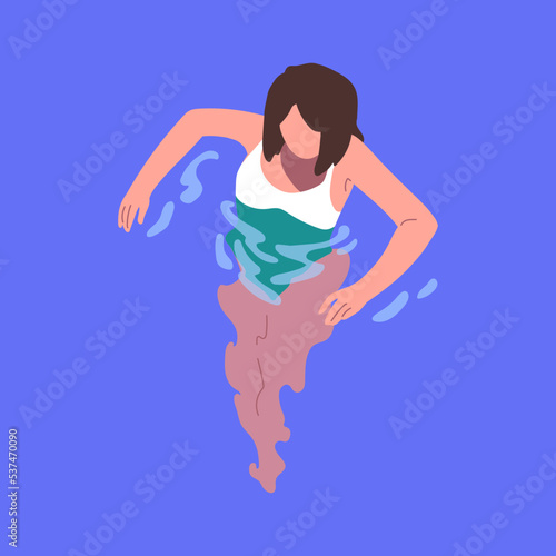 Woman in pool. Female character in swimwear standing in sea, inside transparent water to waist, top view. Girl in swimsuit relaxing, swimming in aqua on summer holiday. Flat vector illustration