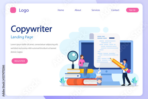 Copywriter web banner or landing page set. Idea of writing texts Flat vector © songo_