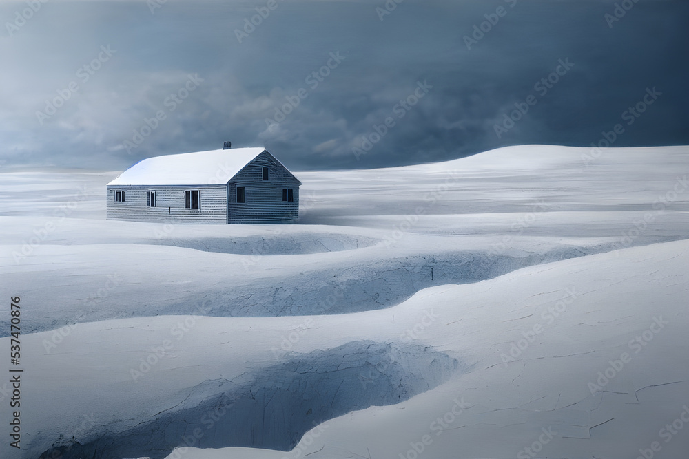 House buried in snow. Snowdrifts. Snowy wasteland.