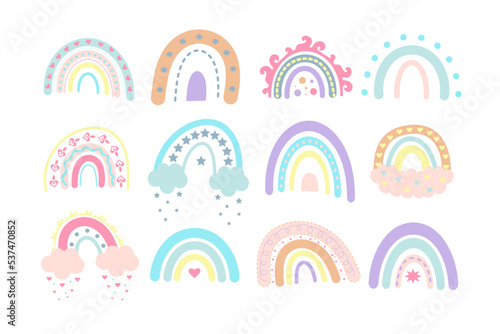 Pastel boho rainbows set. Scandinavian print for baby shower, nursery, playroom, birthday, children's party and other.