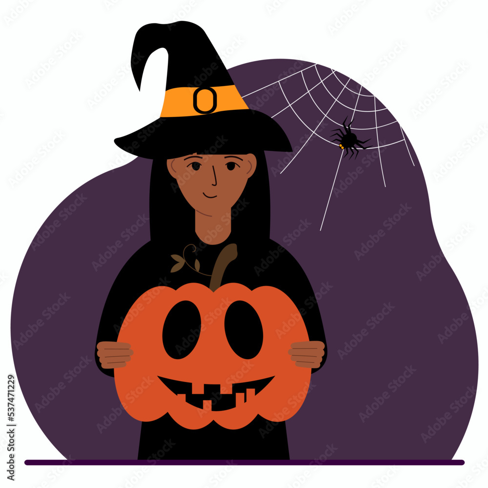 A woman in a costume for the celebration of halloween. Poster for Happy Halloween celebration. A woman in a costume for the celebration of halloween. Poster for Happy Halloween celebration.