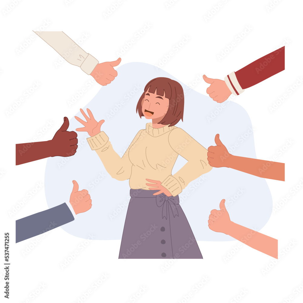 Happy success woman surrounded by many thumbs up getting public approval, positive feedbacks, appreciation, respect, recognition, honor and like gestures. Vector illustration Happy success woman surrounded by many thumbs up getting public approval, positive feedbacks, appreciation, respect, recognition, honor and like gestures. Vector illustration
