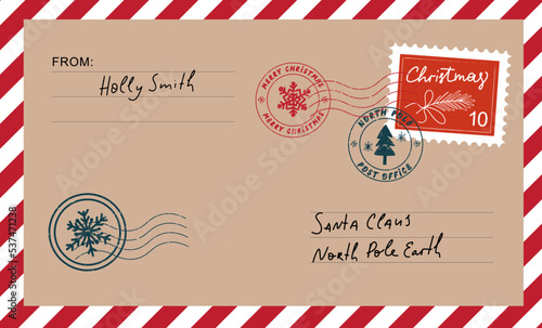 Christmas envelope with stamps, seals and inscriptions to santa claus.