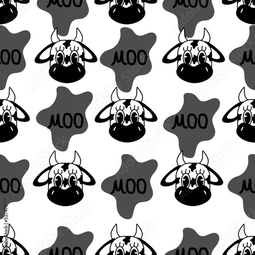 Seamless pattern with the image of a cows head, spots and inscription moo. Print for a pack of milk. Print for the milk advertising banner.