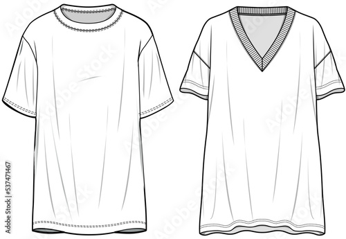 Oversize T-shirt Dress, Baggy T-shirt Dress Sets Fashion Illustration, Vector, CAD, Technical Drawing, Flat Drawing, Template, Mockup.	