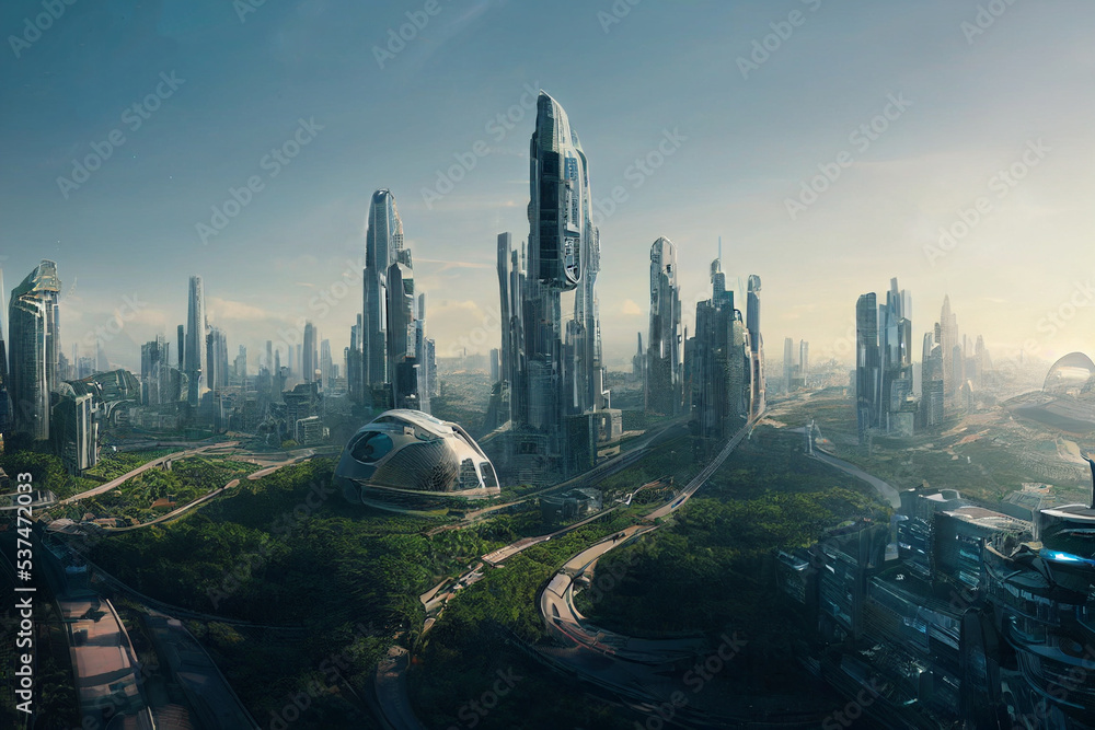 Concept art illustration of skyline of futuristic sci-fi city Stock ...
