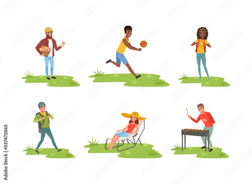 Young Man and Woman Enjoying Camping Activity Hiking with Backpack, Lounging, Cooking Shashlik on Grill, Picking Mushrooms and Playing Ball Vector Set