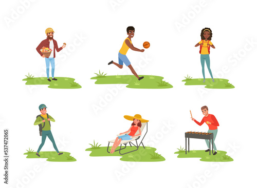 Young Man and Woman Enjoying Camping Activity Hiking with Backpack, Lounging, Cooking Shashlik on Grill, Picking Mushrooms and Playing Ball Vector Set