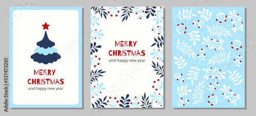 Set of christmas and happy new year greeting cards with Christmas tree, floral frames and backgrounds.