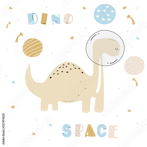 Vector hand-drawn dinosaurs in space. Cute dinosaur posters. Children's posters on the wall. Space dinosaurs. Cute colored child's drawing.	