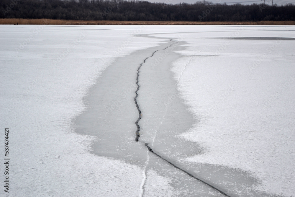 Ice breaking across the river, danger in winter Ice breaking across the river, danger in winter