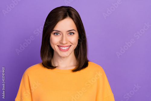 Closeup photo of young attractive cute nice woman wear yellow shirt toothy beaming smile after clinic healthy person isolated on purple color background photo