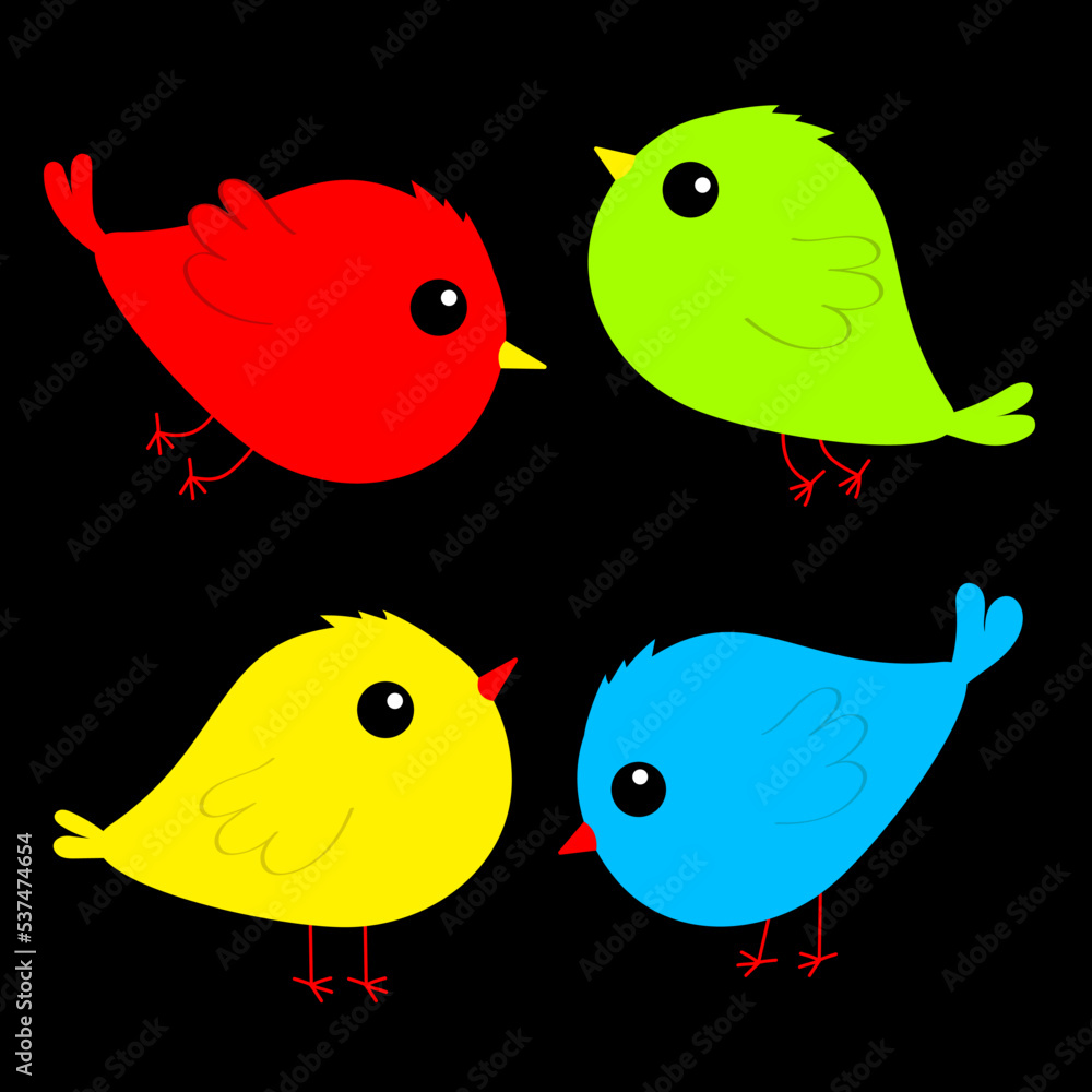 Four bird set icon. Cute kawaii cartoon funny baby character. Birds collection. Animal. Decoration element. Colorful sticker print. Flat design. Isolated. Black background.