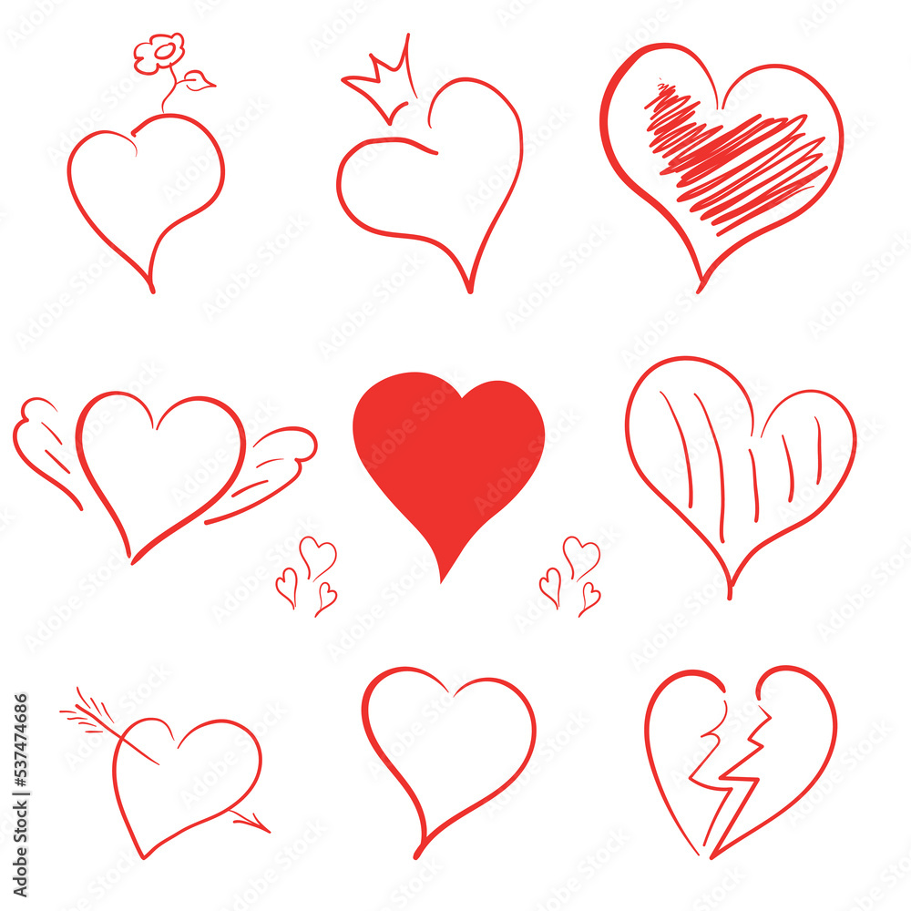 Set of nine hand drawn heart. Handdrawn rough marker hearts isolated on white background. Vector illustration for your graphic design . Vector illustration