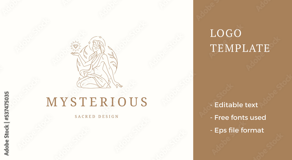 Magic female with leaves logo emblem design template vector illustration in minimal line art style