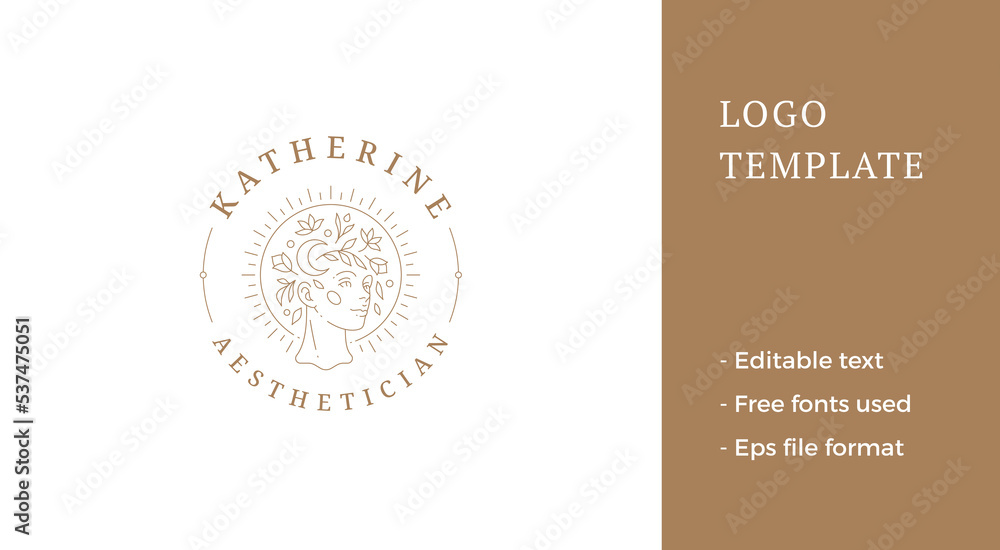 Fototapeta premium Beauty female portrait with floral decor logo emblem design template vector illustration