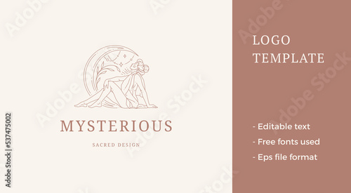 Magic female with moon crescent logo emblem design template vector illustration