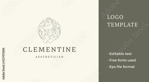 Beauty female portrait with floral decor logo emblem design template vector illustration