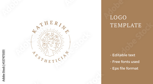 Beauty female portrait with floral decor logo emblem design template vector illustration