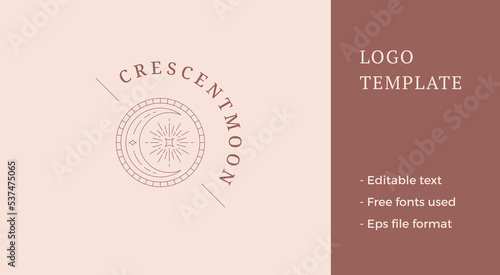 Magic moon crescent with star round logo emblem design template vector illustration in minimal line art style