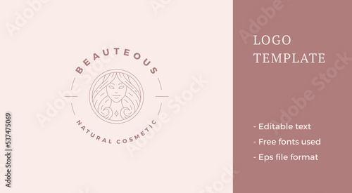 Beauty female portrait logo emblem design template vector illustration in minimal line art style