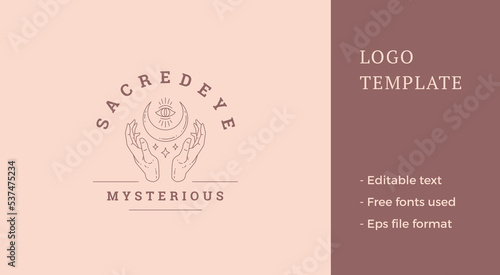 Magic hands with moon crescent logo emblem design template vector illustration in minimal line art style