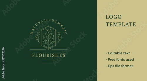 Abstract blooming flower logo emblem design template vector illustration in minimal line art style