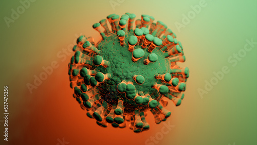 Illustration of one single green and red virus cell, visualization of a viral infection, coronavirus XBB.1.5 covid-19 monkeypox background with copy space for text photo