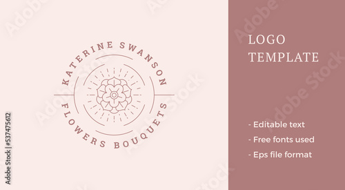 Blooming rose flower logo emblem design template vector illustration in minimal line art style.