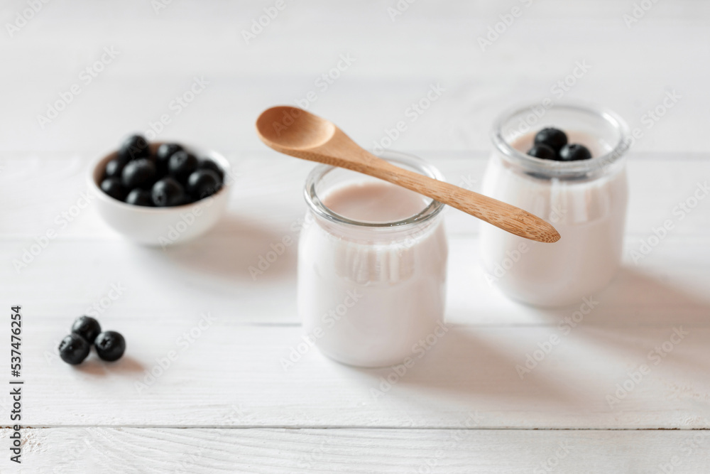 Two portions of blueberry yoghurt, side view Two portions of blueberry yoghurt, side view