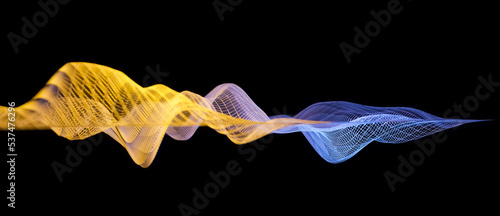 Fényképezés Abstract glowing yellow and blue wireframe sound waves, visualization of frequen