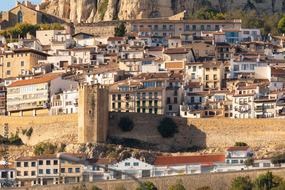 Close-up of the town of Morella, an ancient, landmark, walled town located on top of a hill in the province of Castellón, Valencian Community, Spain