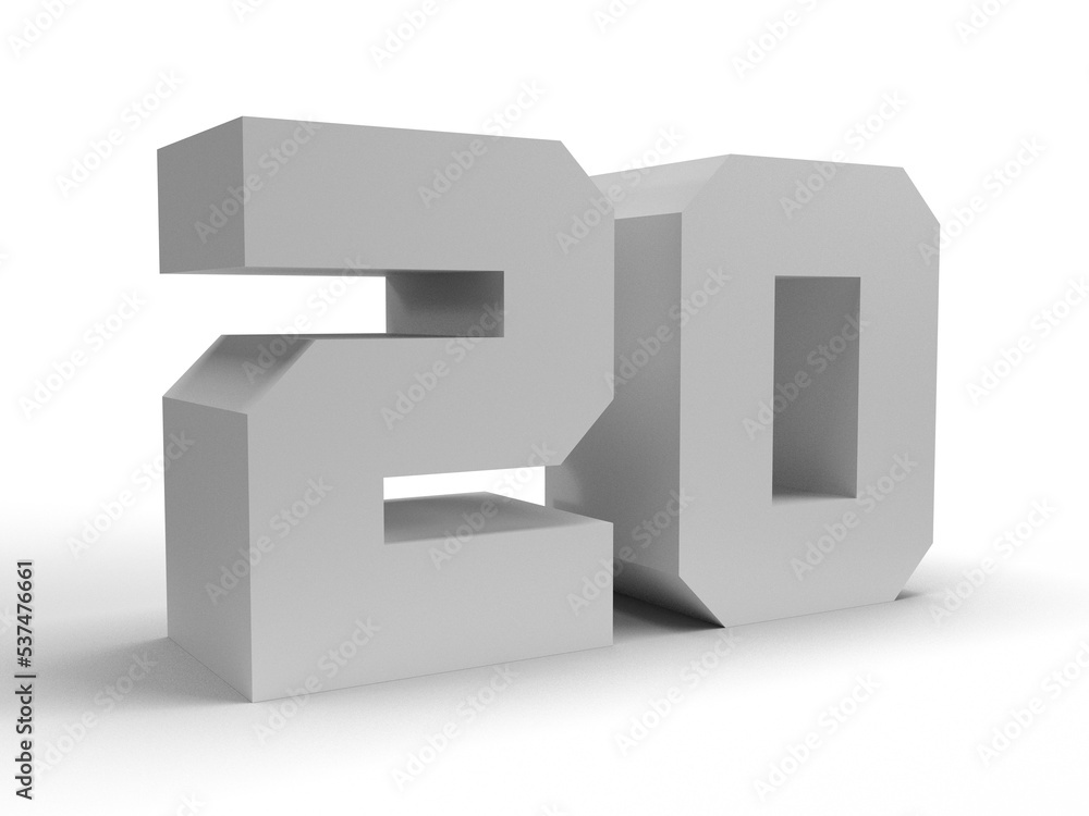 Isolated Number 20 on White Background, 3D Render Illustration. Isolated Number 20 on White Background, 3D Render Illustration.