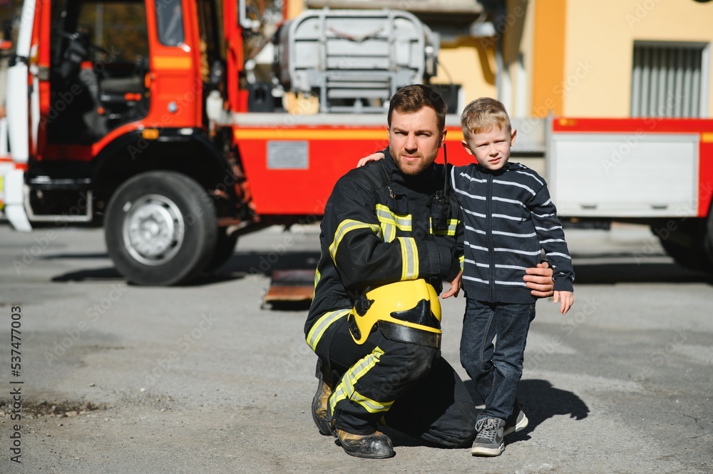 Protect people from dangerous with brave heart.Hero in fireman with uniform safe children from burn smoke Protect people from dangerous with brave heart.Hero in fireman with uniform safe children from burn smoke