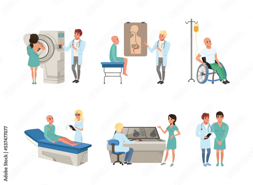 People Character with Cancer Diagnosis Having Medical Check and Treatment Vector Set