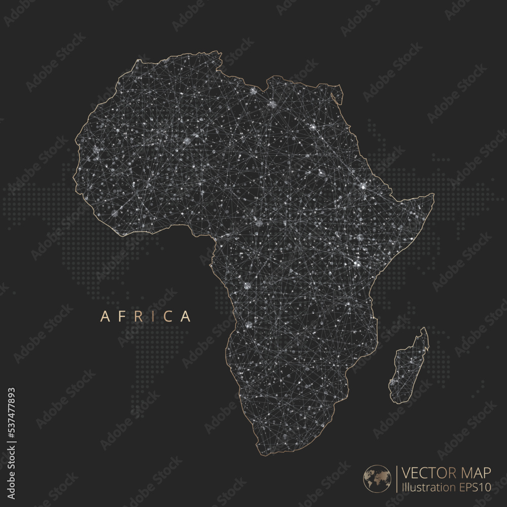 Continent map abstract geometric mesh polygonal light concept with black and white glowing contour lines countries and dots on dark background. Vector illustration eps10