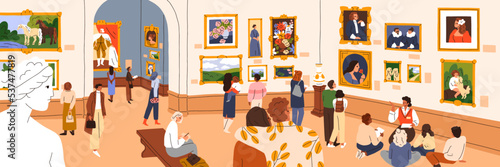 Visitors in traditional art gallery. People walk, look at classic pictures on walls at artworks exhibition in painting museum panorama. Tourists, guide in exposition hall. Flat vector illustration