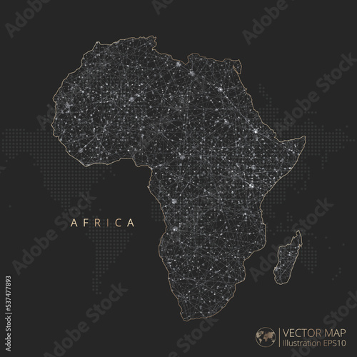 Continent map abstract geometric mesh polygonal light concept with black and white glowing contour lines countries and dots on dark background. Vector illustration eps10