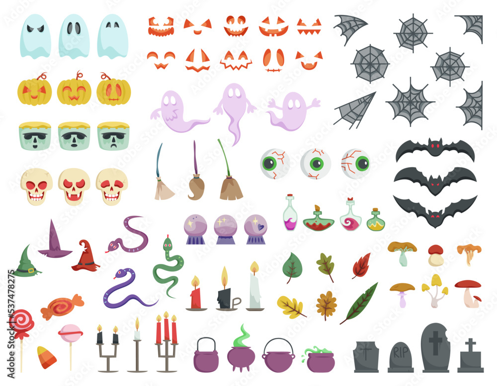 Big set of Halloween design elements. Different objects in cartoon style.