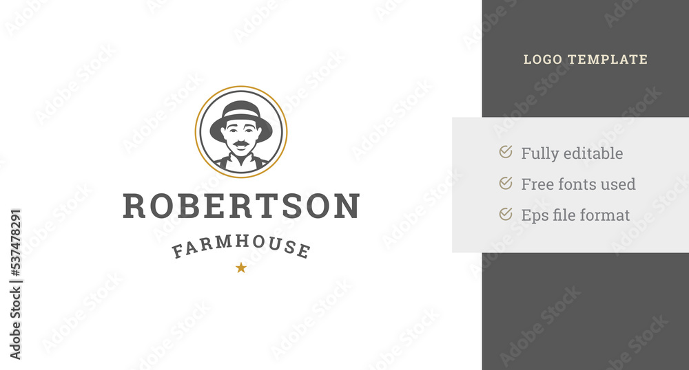 Circle minimalist farm local market logo design template man in hat portrait vector illustration Circle minimalist farm local market logo design template man in hat portrait vector illustration