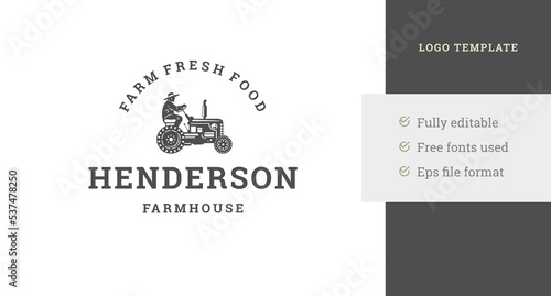 Male farmer riding on agricultural tractor harvesting silhouette vintage logo design template vector