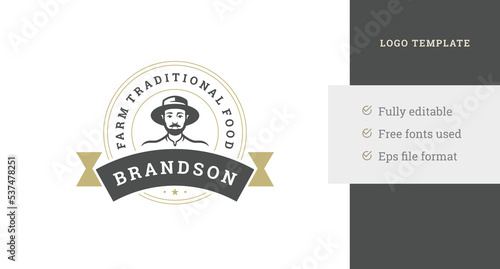 Farm local market circle vintage logo design template male farmer portrait and ribbon vector