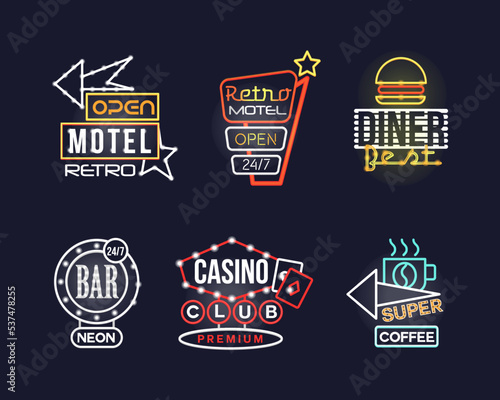 Colorful Glowing Neon Signboards and Retro Street Banners Vector Set