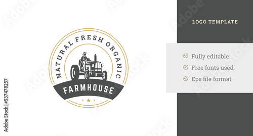 Agricultural male worker harvesting vegetables straw on tractor machine logo design template vector