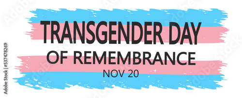 Transgender day of remembrance banner vector illustration isolated on white background. November 20 date. Textured transgender flag of brush stroke shape and dark grey text